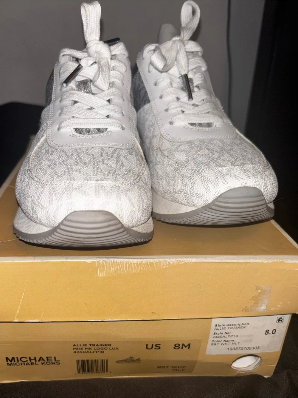 Michael Kors White and Silver MK Monogram Lace-Up Women Sneakers, Size 8